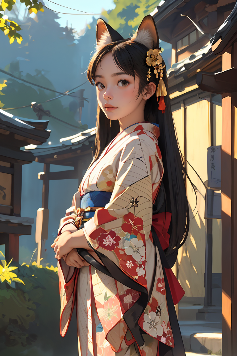 (best quality, masterpiece), 1girl, kimono, hair ornament, standing, shrine, fox ear